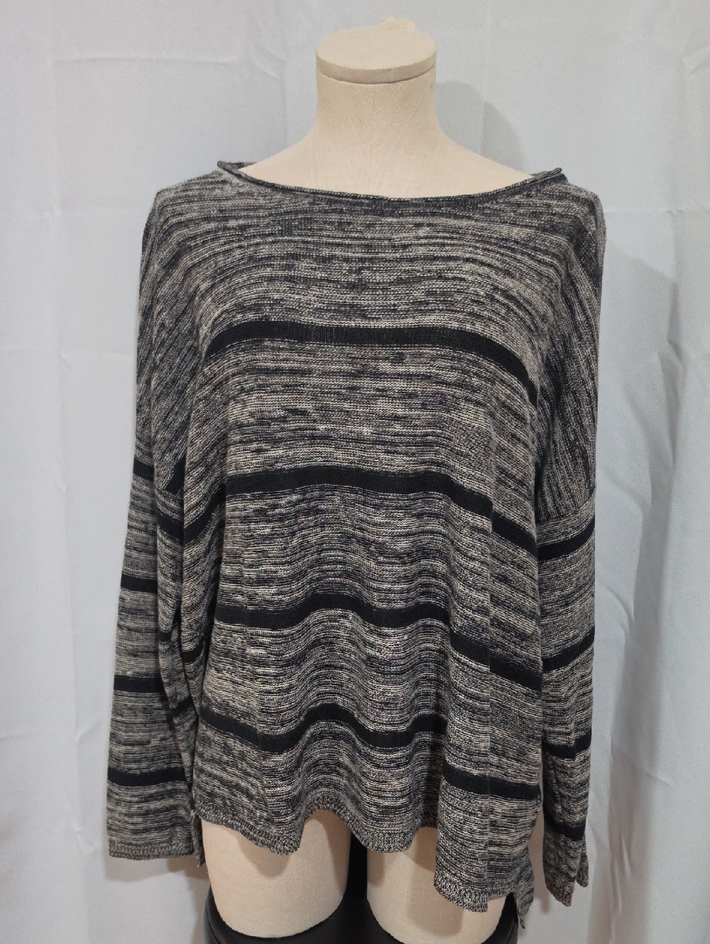 Eileen Fisher Black & Gray Striped Scoop-Neck Pullover